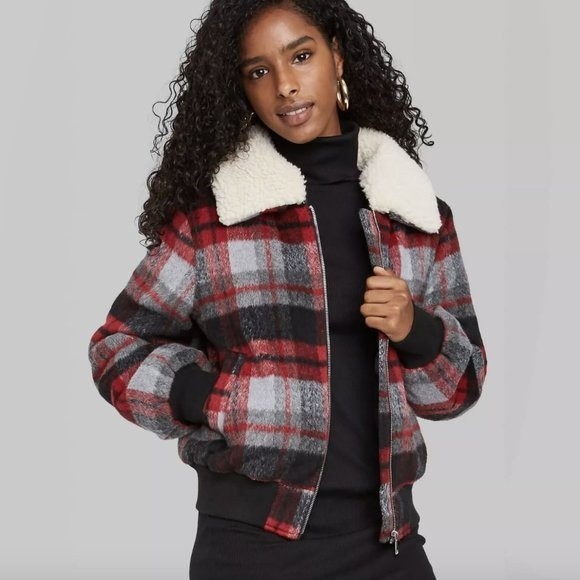 wild fable Jackets & Blazers - Wild Fable Plaid Sherpa Collared Bomber Jacket